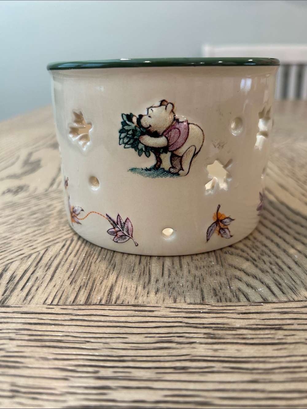 Vintage Disney Cream Ceramic Candle Holder with Green Rim and Pooh Illustration
